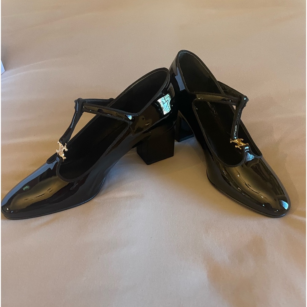 Celine T Bar Pump in Patent Calfskin and Grosgrain